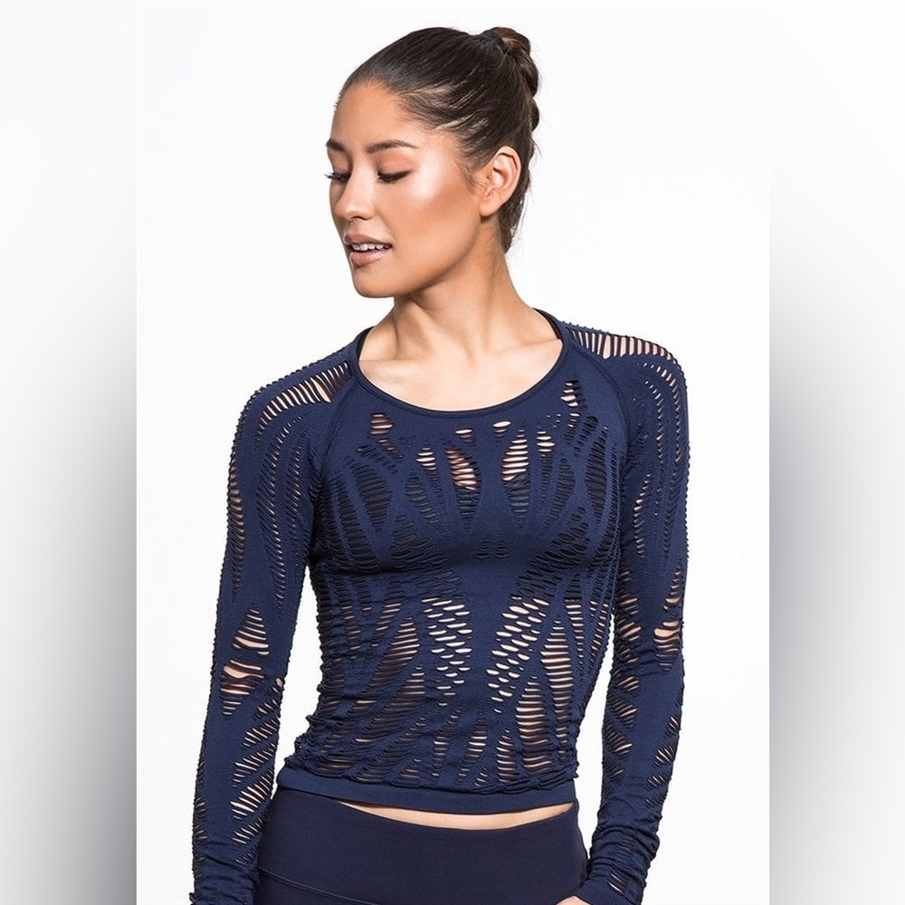 ALO Yoga Navy Blue Long Sleeve Laser-Cut Top